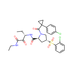 CCNC(=O)C(=O)[C@H](CC)NC(=O)[C@@H]1C[C@@H](S(=O)(=O)c2ccccc2Cl)CN1C(=O)C1(c2ccc(Cl)cc2)CC1 ZINC000148839492