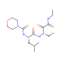 CCNC(=O)C(=O)[C@H](CC)NC(=O)[C@H](CC(C)C)NC(=O)N1CCOCC1 ZINC000013738434