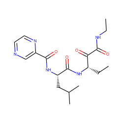 CCNC(=O)C(=O)[C@H](CC)NC(=O)[C@H](CC(C)C)NC(=O)c1cnccn1 ZINC000013759591