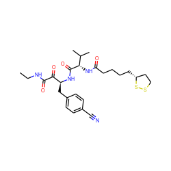 CCNC(=O)C(=O)[C@H](Cc1ccc(C#N)cc1)NC(=O)[C@@H](NC(=O)CCCC[C@@H]1CCSS1)C(C)C ZINC000028562920