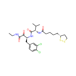 CCNC(=O)C(=O)[C@H](Cc1ccc(Cl)c(Cl)c1)NC(=O)[C@@H](NC(=O)CCCC[C@@H]1CCSS1)C(C)C ZINC000028562994