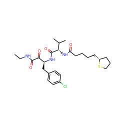 CCNC(=O)C(=O)[C@H](Cc1ccc(Cl)cc1)NC(=O)[C@@H](NC(=O)CCCC[C@@H]1CCCS1)C(C)C ZINC000028529046