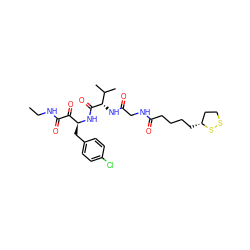 CCNC(=O)C(=O)[C@H](Cc1ccc(Cl)cc1)NC(=O)[C@@H](NC(=O)CNC(=O)CCCC[C@@H]1CCSS1)C(C)C ZINC000028530900