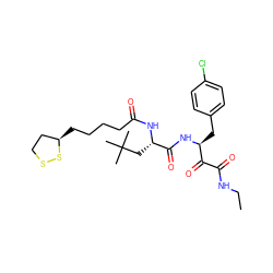CCNC(=O)C(=O)[C@H](Cc1ccc(Cl)cc1)NC(=O)[C@H](CC(C)(C)C)NC(=O)CCCC[C@@H]1CCSS1 ZINC000028529081