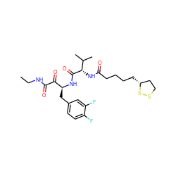 CCNC(=O)C(=O)[C@H](Cc1ccc(F)c(F)c1)NC(=O)[C@@H](NC(=O)CCCC[C@@H]1CCSS1)C(C)C ZINC000028562828