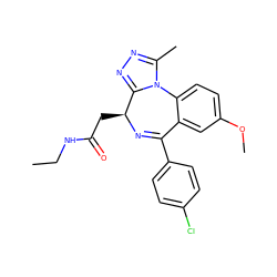 CCNC(=O)C[C@@H]1N=C(c2ccc(Cl)cc2)c2cc(OC)ccc2-n2c(C)nnc21 ZINC000058655571