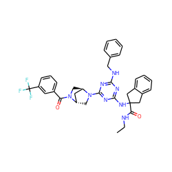 CCNC(=O)C1(Nc2nc(NCc3ccccc3)nc(N3C[C@H]4C[C@H]3CN4C(=O)c3cccc(C(F)(F)F)c3)n2)Cc2ccccc2C1 ZINC000261147452