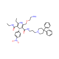 CCNC(=O)C1=C(CC)NC(COCCN)=C(C(=O)NCCCN2CCC(c3ccccc3)(c3ccccc3)CC2)[C@@H]1c1ccc([N+](=O)[O-])cc1 ZINC000026725922