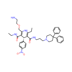 CCNC(=O)C1=C(COCCN)NC(CC)=C(C(=O)NCCCN2CCC(c3ccccc3)(c3ccccc3)CC2)[C@@H]1c1ccc([N+](=O)[O-])cc1 ZINC000026729454