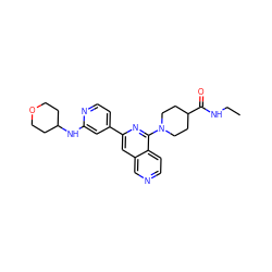 CCNC(=O)C1CCN(c2nc(-c3ccnc(NC4CCOCC4)c3)cc3cnccc23)CC1 ZINC000058568851