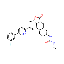 CCNC(=O)N[C@@H]1CC[C@@H]2[C@@H](C1)C[C@H]1C(=O)O[C@H](C)[C@H]1[C@H]2/C=C/c1ccc(-c2cccc(F)c2)cn1 ZINC000042890303