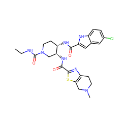 CCNC(=O)N1CC[C@H](NC(=O)c2cc3cc(Cl)ccc3[nH]2)[C@H](NC(=O)c2nc3c(s2)CN(C)CC3)C1 ZINC000029128356