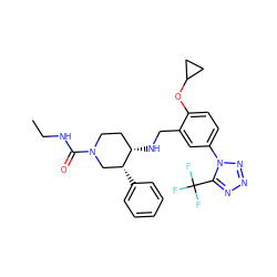 CCNC(=O)N1CC[C@H](NCc2cc(-n3nnnc3C(F)(F)F)ccc2OC2CC2)[C@H](c2ccccc2)C1 ZINC000073166210