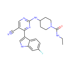 CCNC(=O)N1CCC(Nc2ncc(C#N)c(-c3c[nH]c4cc(F)ccc34)n2)CC1 ZINC000028896068