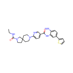 CCNC(=O)N1CCC2(CCN(c3ccc(C(=O)Nc4cc(-c5cccs5)ccc4N)cn3)CC2)C1 ZINC000040896330