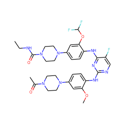 CCNC(=O)N1CCN(c2ccc(Nc3nc(Nc4ccc(N5CCN(C(C)=O)CC5)cc4OC)ncc3F)c(OC(F)F)c2)CC1 ZINC001772642817