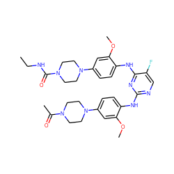 CCNC(=O)N1CCN(c2ccc(Nc3nc(Nc4ccc(N5CCN(C(C)=O)CC5)cc4OC)ncc3F)c(OC)c2)CC1 ZINC001772615054