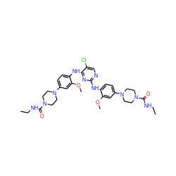 CCNC(=O)N1CCN(c2ccc(Nc3ncc(Cl)c(Nc4ccc(N5CCN(C(=O)NCC)CC5)cc4OC)n3)c(OC)c2)CC1 ZINC001772623173