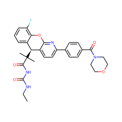 CCNC(=O)NC(=O)C(C)(C)[C@@H]1c2ccc(-c3ccc(C(=O)N4CCOCC4)cc3)nc2Oc2c(F)cccc21 ZINC000299832513