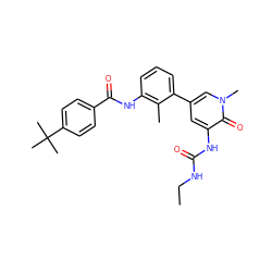 CCNC(=O)Nc1cc(-c2cccc(NC(=O)c3ccc(C(C)(C)C)cc3)c2C)cn(C)c1=O ZINC000059260668