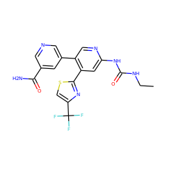 CCNC(=O)Nc1cc(-c2nc(C(F)(F)F)cs2)c(-c2cncc(C(N)=O)c2)cn1 ZINC000116378993