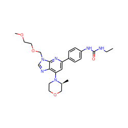 CCNC(=O)Nc1ccc(-c2cc(N3CCOC[C@@H]3C)c3ncn(COCCOC)c3n2)cc1 ZINC001772627345