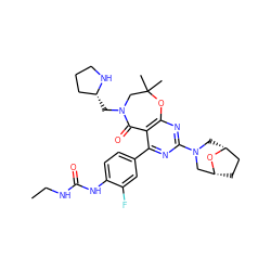 CCNC(=O)Nc1ccc(-c2nc(N3C[C@@H]4CC[C@H](C3)O4)nc3c2C(=O)N(C[C@@H]2CCCN2)CC(C)(C)O3)cc1F ZINC000142178313