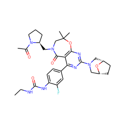 CCNC(=O)Nc1ccc(-c2nc(N3C[C@@H]4CC[C@H](C3)O4)nc3c2C(=O)N(C[C@@H]2CCCN2C(C)=O)CC(C)(C)O3)cc1F ZINC000225296873