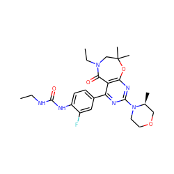 CCNC(=O)Nc1ccc(-c2nc(N3CCOC[C@@H]3C)nc3c2C(=O)N(CC)CC(C)(C)O3)cc1F ZINC000205317619