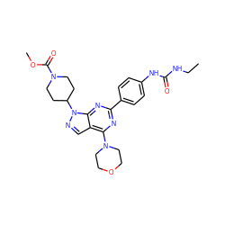 CCNC(=O)Nc1ccc(-c2nc(N3CCOCC3)c3cnn(C4CCN(C(=O)OC)CC4)c3n2)cc1 ZINC000043015790