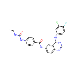 CCNC(=O)Nc1ccc(C(=O)Nc2ccc3ncnc(Nc4ccc(F)c(Cl)c4)c3c2)cc1 ZINC000473149138