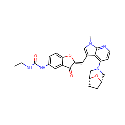 CCNC(=O)Nc1ccc2c(c1)C(=O)/C(=C/c1cn(C)c3nccc(N4C[C@@H]5CC[C@H](C4)O5)c13)O2 ZINC000049116136