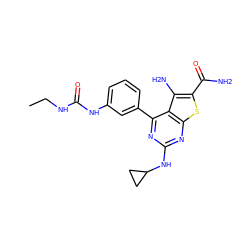 CCNC(=O)Nc1cccc(-c2nc(NC3CC3)nc3sc(C(N)=O)c(N)c23)c1 ZINC000073219999