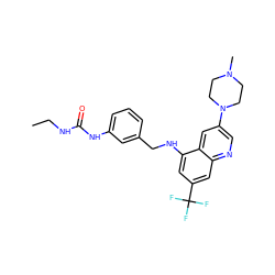 CCNC(=O)Nc1cccc(CNc2cc(C(F)(F)F)cc3ncc(N4CCN(C)CC4)cc23)c1 ZINC000169329660