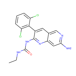 CCNC(=O)Nc1nc2cc(N)ncc2cc1-c1c(Cl)cccc1Cl ZINC000021289523