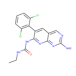 CCNC(=O)Nc1nc2nc(N)ncc2cc1-c1c(Cl)cccc1Cl ZINC000013763796