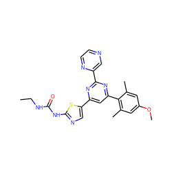 CCNC(=O)Nc1ncc(-c2cc(-c3c(C)cc(OC)cc3C)nc(-c3cnccn3)n2)s1 ZINC000084707544