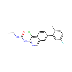 CCNC(=O)Nc1ncc2cc(-c3cc(F)ccc3C)ccc2c1Cl ZINC000169699988