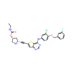 CCNC(=O)O[C@H]1CN[C@@H](C#Cc2cc3ncnc(Nc4ccc(OCc5cccc(F)c5)c(Cl)c4)c3s2)C1 ZINC000044404618