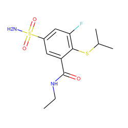 CCNC(=O)c1cc(S(N)(=O)=O)cc(F)c1SC(C)C ZINC000049114382