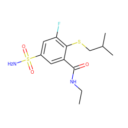 CCNC(=O)c1cc(S(N)(=O)=O)cc(F)c1SCC(C)C ZINC000049088539