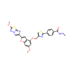 CCNC(=O)c1ccc(-c2nc(COc3cc(OC)cc4oc(-c5cn6nc(OC)sc6n5)cc34)cs2)cc1 ZINC000653672739