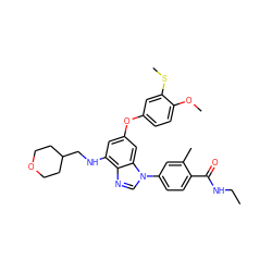 CCNC(=O)c1ccc(-n2cnc3c(NCC4CCOCC4)cc(Oc4ccc(OC)c(SC)c4)cc32)cc1C ZINC000147638951