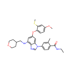 CCNC(=O)c1ccc(-n2cnc3c(NCC4CCOCC4)cc(Oc4ccc(OC)cc4SC)cc32)cc1C ZINC000147670602