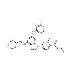 CCNC(=O)c1ccc(-n2cnc3c(NCC4CCOCC4)cc(Oc4cccc(F)c4F)cc32)cc1C ZINC000147693533