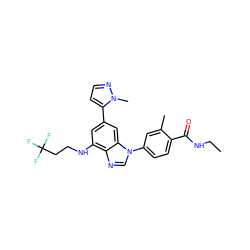 CCNC(=O)c1ccc(-n2cnc3c(NCCC(F)(F)F)cc(-c4ccnn4C)cc32)cc1C ZINC000147654437