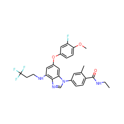 CCNC(=O)c1ccc(-n2cnc3c(NCCC(F)(F)F)cc(Oc4ccc(OC)c(F)c4)cc32)cc1C ZINC000147711998