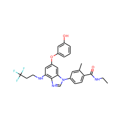 CCNC(=O)c1ccc(-n2cnc3c(NCCC(F)(F)F)cc(Oc4cccc(O)c4)cc32)cc1C ZINC001772588745