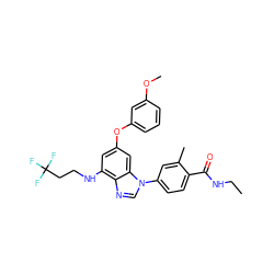 CCNC(=O)c1ccc(-n2cnc3c(NCCC(F)(F)F)cc(Oc4cccc(OC)c4)cc32)cc1C ZINC000203533186