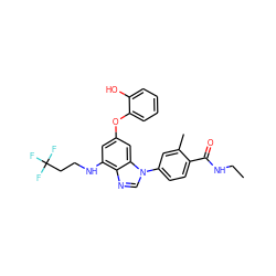 CCNC(=O)c1ccc(-n2cnc3c(NCCC(F)(F)F)cc(Oc4ccccc4O)cc32)cc1C ZINC000203532648